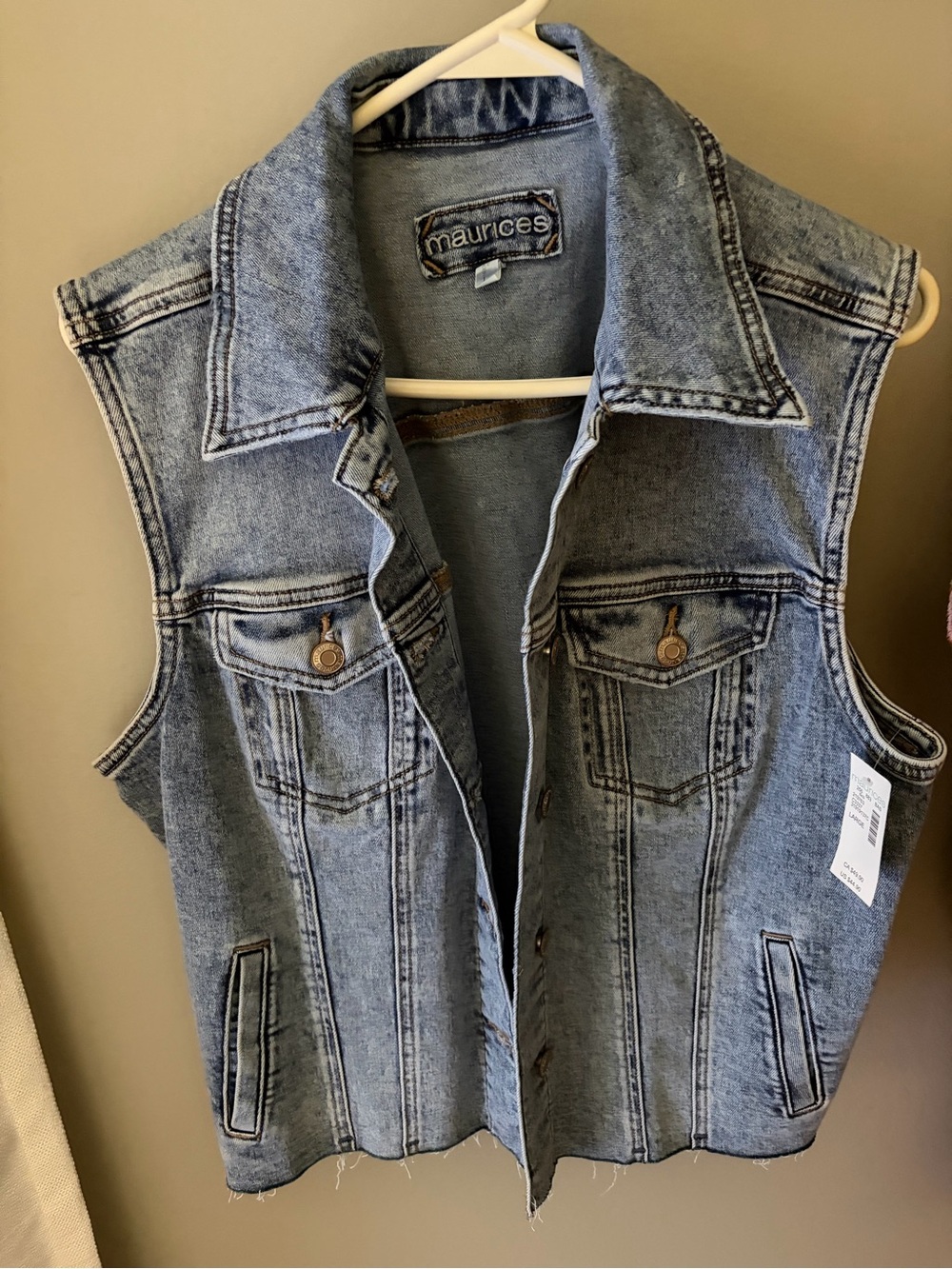 Maurices Light Wash Denim Vest- Size Large- Frayed bottom